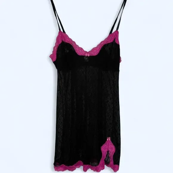 Y2K Candie’s Sheer Black Lace Slip Dress Sz L Pink Trim Lingerie Nightie - Picture 1 of 7
